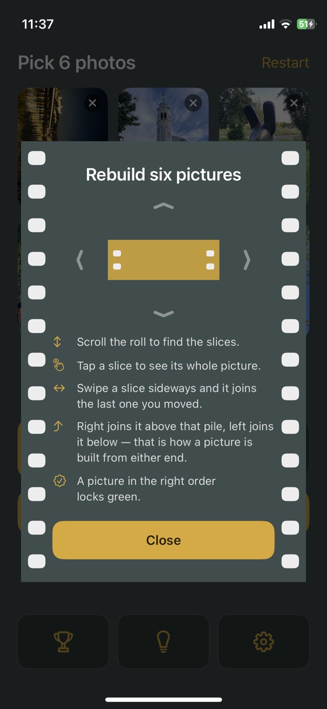 The how-to-play panel, drawn on a strip of perforated film